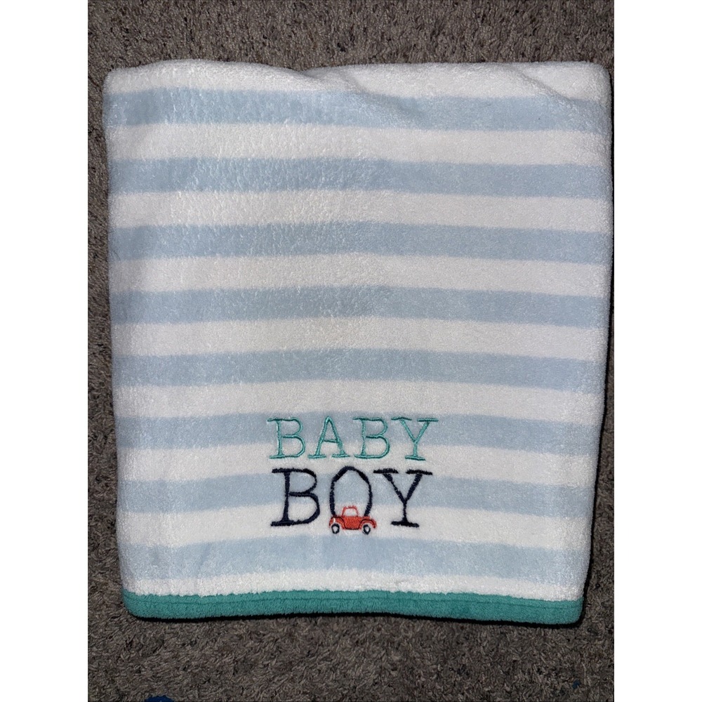 Carter's Just‎ One Year BABY Blue Striped Velboa Soft Baby Blanket Red Truck